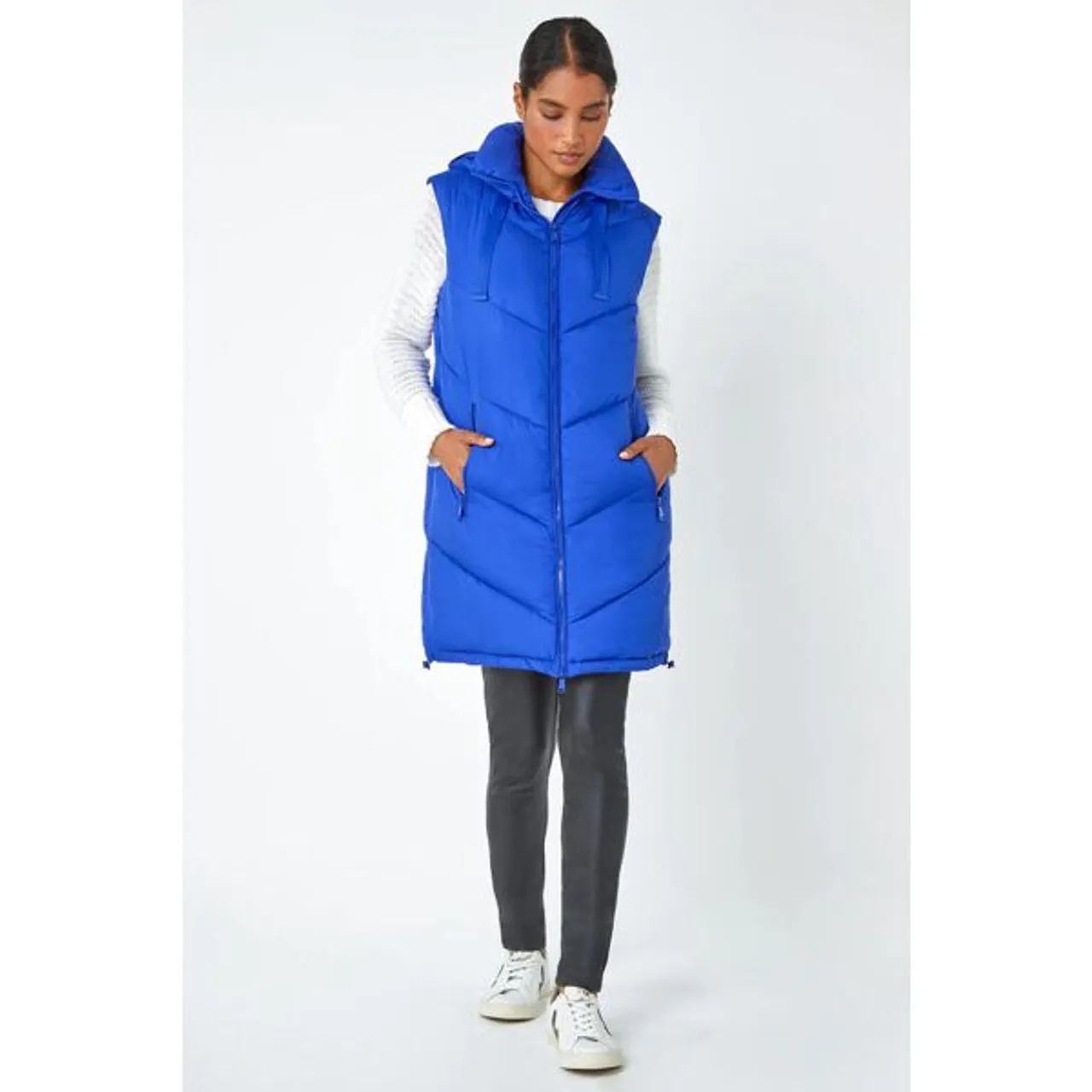 Roman Longline Quilted Hooded Gilet in Royal Blue 10 female
