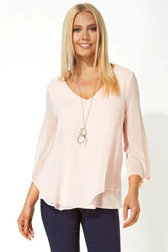 Roman Necklace Trim Jersey 3/4 Sleeve Chiffon Top in Pink 10 female