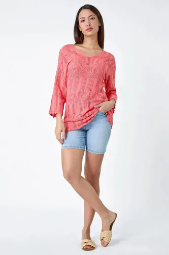 Roman Open Knit Cotton Blend Tunic Top in Coral 10 female