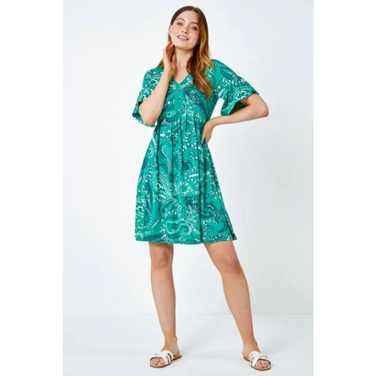 Roman Paisley Print Frill Sleeve Dress in Green - Size 12 12 female
