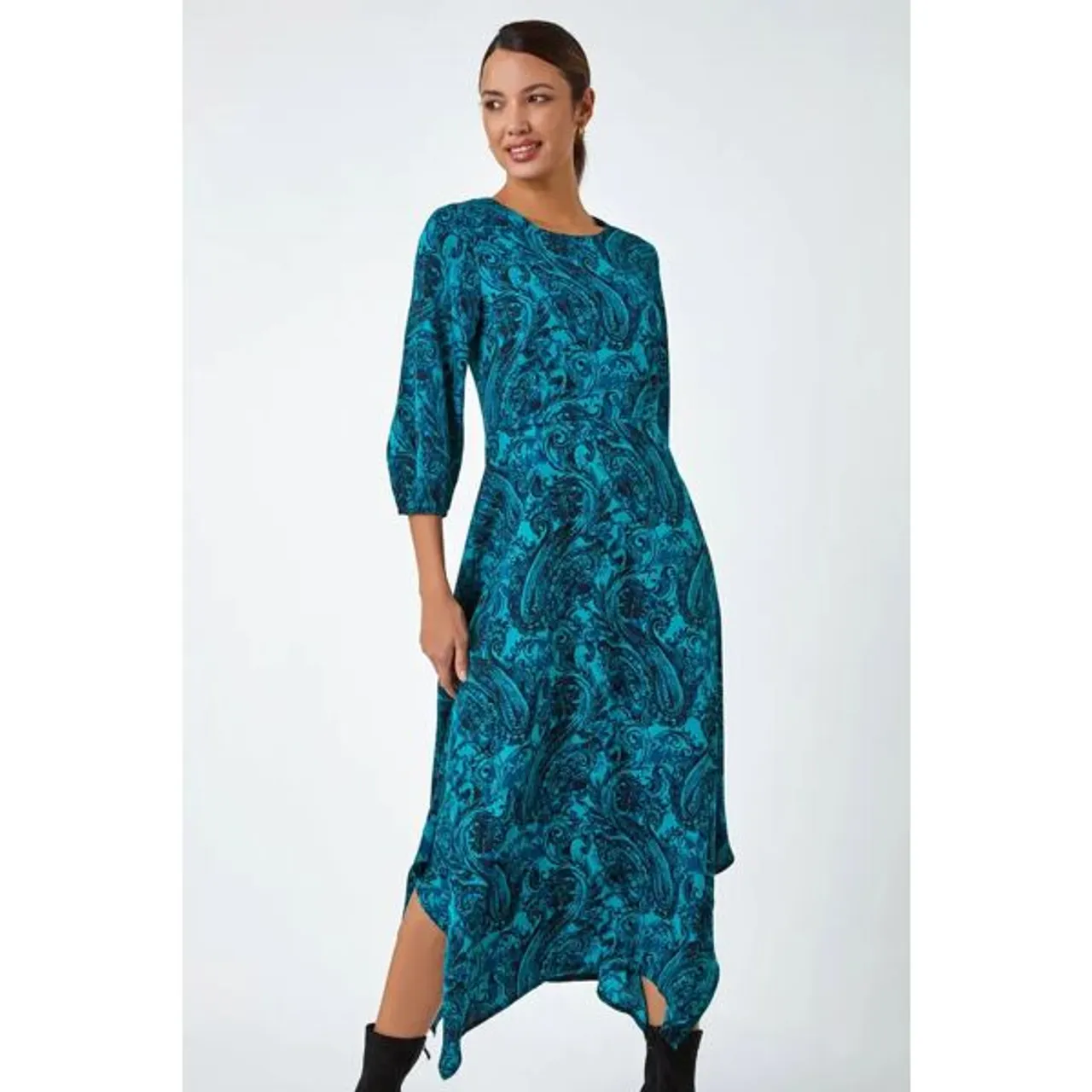 Roman Paisley Print Hanky Hem Midi Dress in Teal - Size 10 10 female