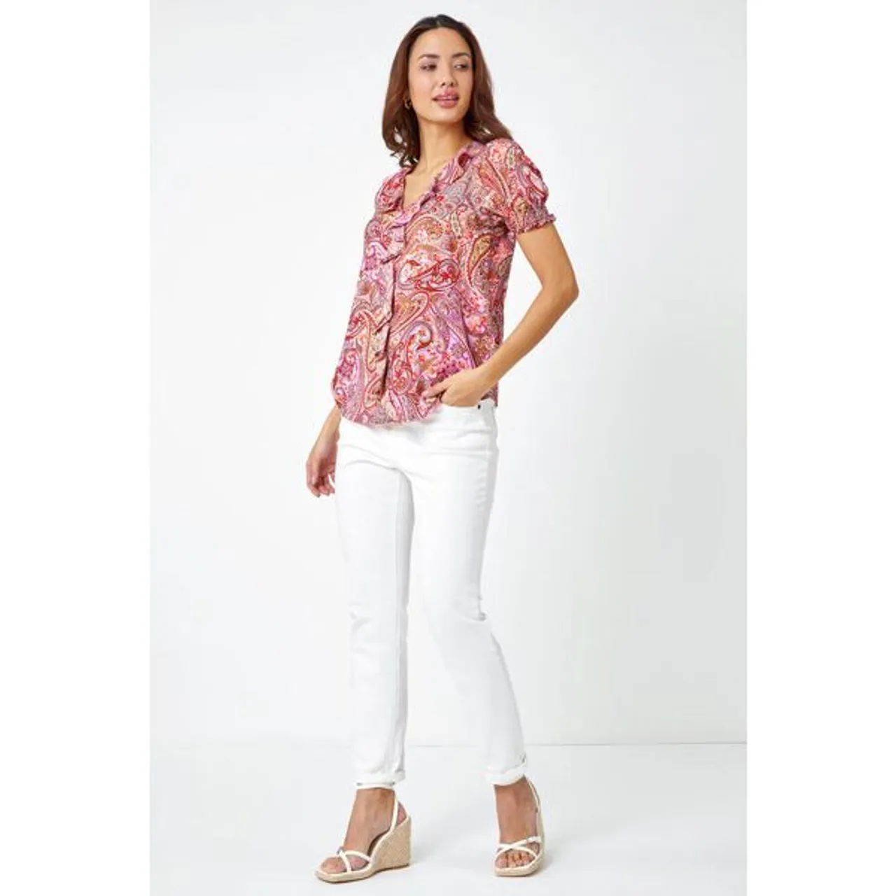 Roman Paisley Print Ruffle Front Top in Pink 18 female