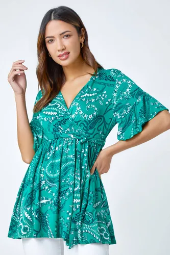Roman Paisley Print Stretch Jersey Wrap Top in Green 18 female