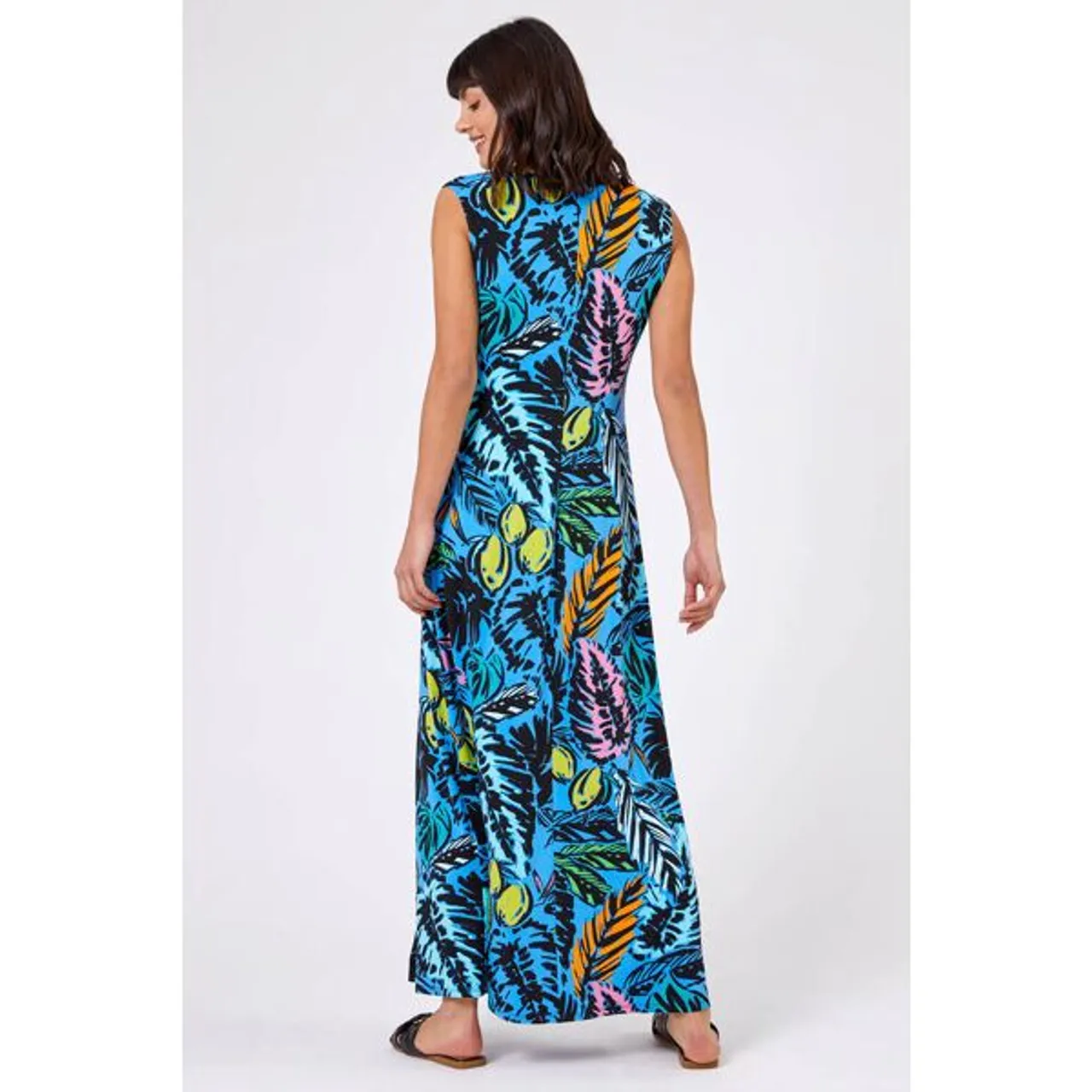 Roman Palm Print Twist Waist Maxi Dress in Multi Blue 10 female