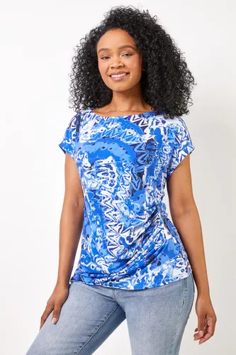 Roman Petite Petite Abstract Print Button Detail Top in Blue 16 female
