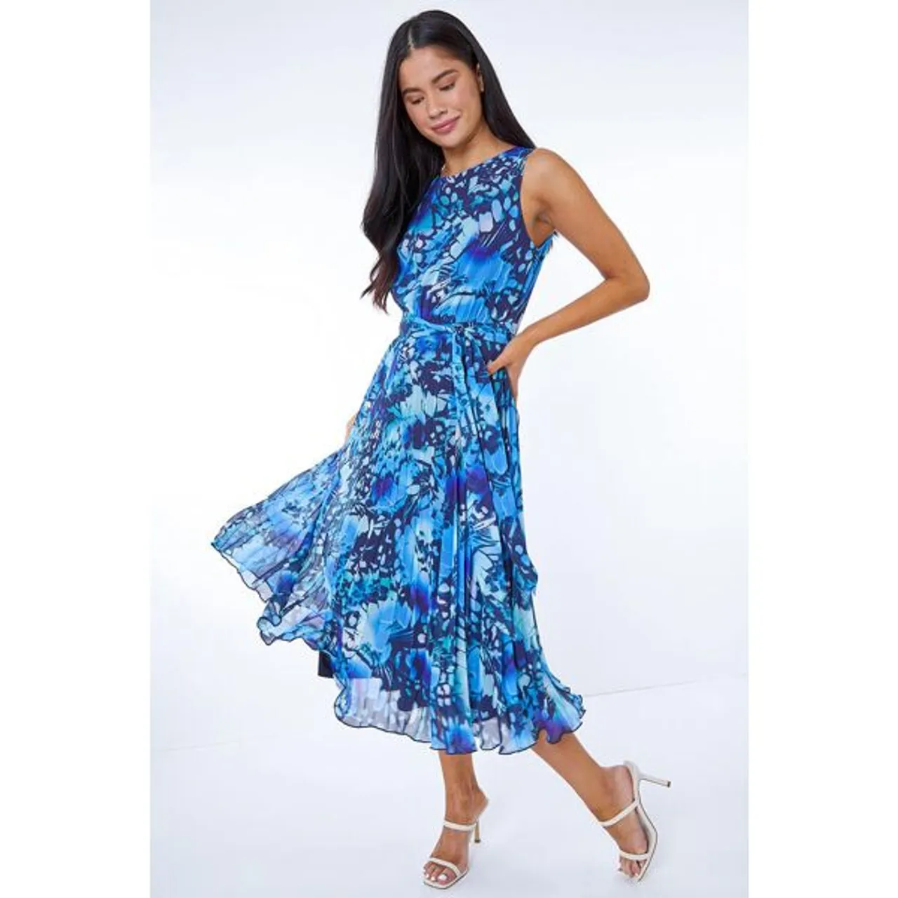 Roman Petite Petite Abstract Print Pleated Dress in Blue 16 female