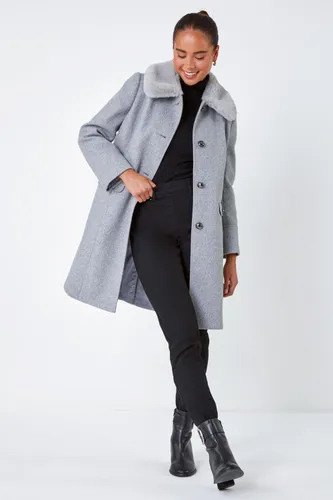 Roman Petite Petite Faux Fur Collar Longline Coat in Grey 12 female
