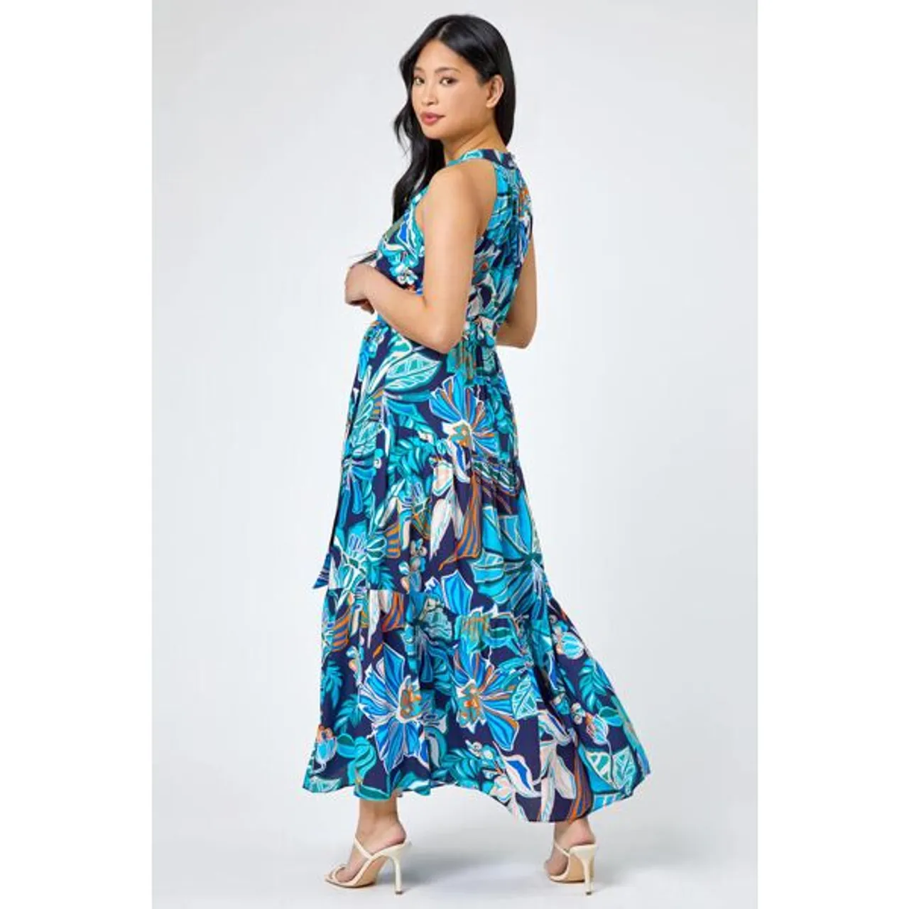 Roman Petite Petite Floral Print Tiered Dress in Blue 8 female