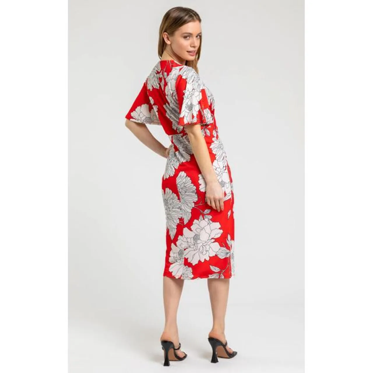 Roman Petite Petite Floral Ruched Wrap Dress in Red 12 female