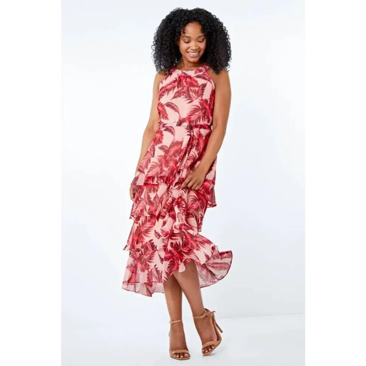 Roman Petite Petite Tiered Tropical Print Midi Dress in Pink 18 female