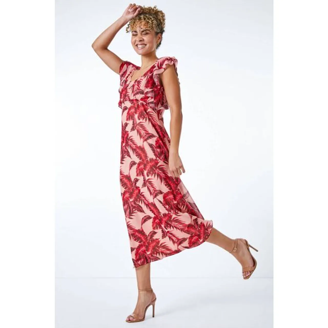 Roman Petite Petite Tropical Print Frill Sleeve Midi Dress in Pink 18 female