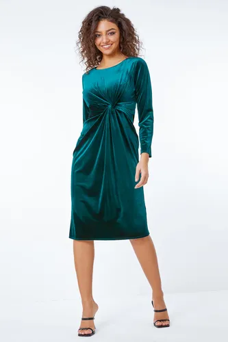 Roman Petite Petite Velvet Twist Detail Ruched Dress in Green 10 female