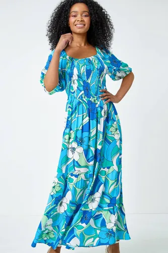 Roman Petite Roman Originals Petite Floral Stretch Tiered Maxi Dress in Turquoise - Size 8 8 female