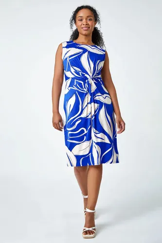 Roman Petite Roman Originals Petite Leaf Print Twist Stretch Midi Dress in Royal Blue - Size 14 14 female