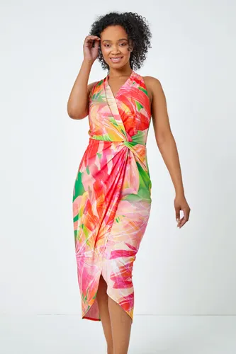 Roman Petite Roman Originals Petite Tropical Wrap Ruched Maxi Dress in Pink - Size 8 8 female