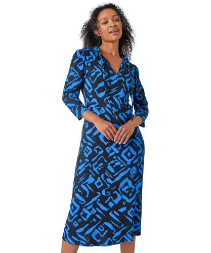 Roman Petite Womens Abstract Print Midi Stretch Dress - Blue