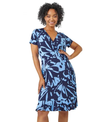 Roman Petite Womens Abstract Print Wrap Dress - Blue