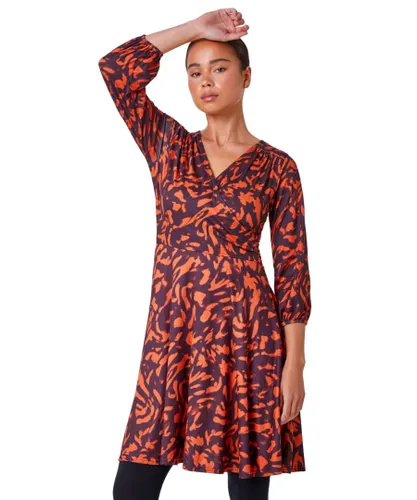 Roman Petite Womens Abstract Print Wrap Stretch Dress - Orange