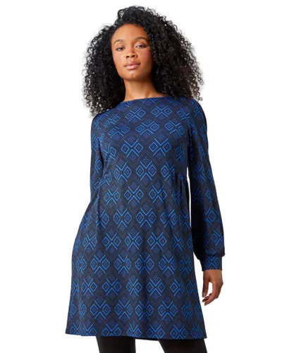 Roman Petite Womens Aztec Print Stretch Dress - Blue