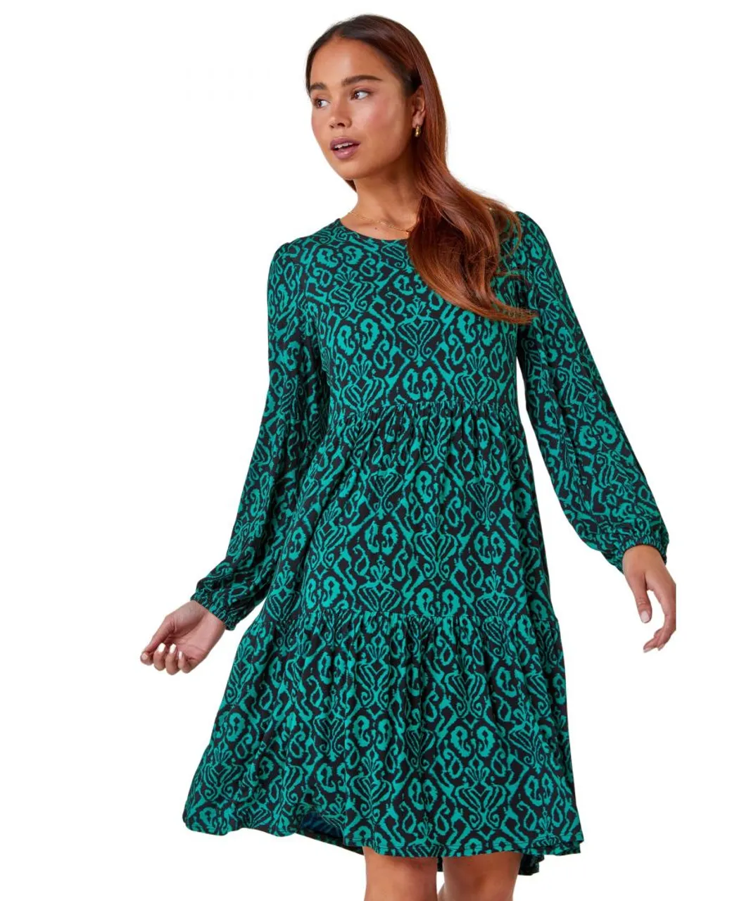 Roman Petite Womens Aztec Print Tiered Stretch Dress - Green