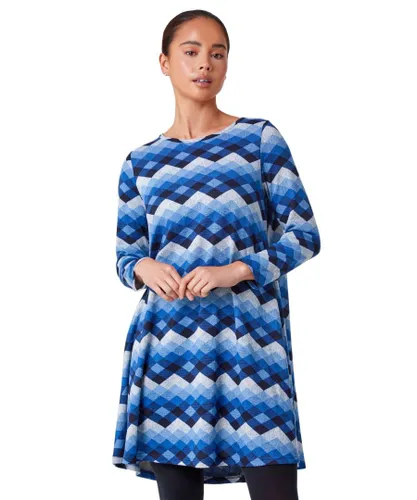 Roman Petite Womens Check Print Swing Stretch Dress - Blue