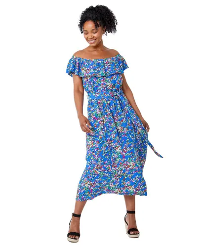 Roman Petite Womens Ditsy Floral Print Bardot Dress - Blue
