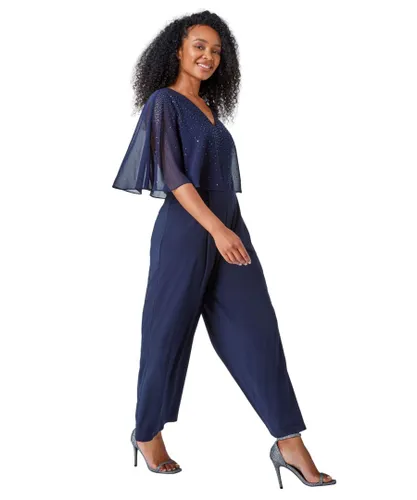Roman Petite Womens Embellished Overlay Stretch Jumpsuit - Navy