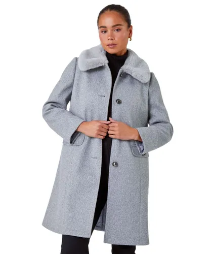 Roman Petite Womens Faux Fur Collar Longline Coat - Grey