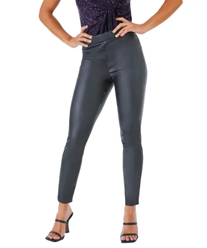 Roman Petite Womens Faux Leather Pull On Trousers - Black