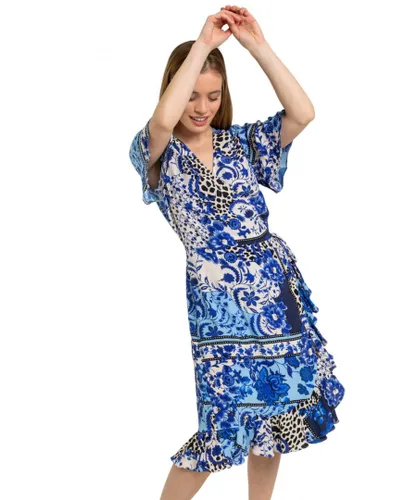 Roman Petite Womens Floral Contrast Print Wrap Dress - Blue