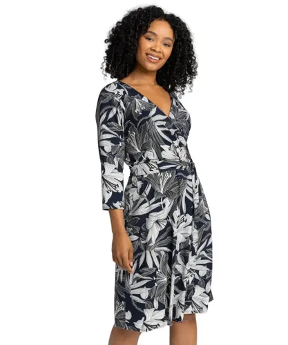 Roman Petite Womens Floral Lily Print Belted Wrap Dress - Navy