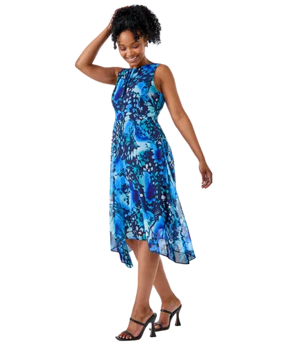 Roman Petite Womens Floral Midi Hanky Hem Dress - Blue