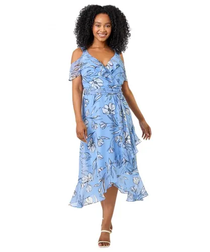 Roman Petite Womens Floral Print Cold Shoulder Midi Dress - Blue