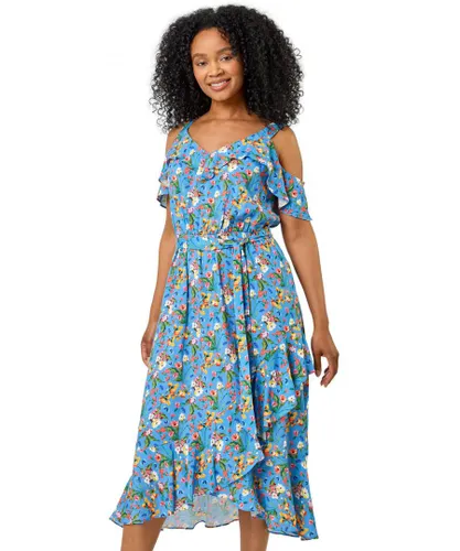 Roman Petite Womens Floral Print Cold Shoulder Midi Dress - Blue