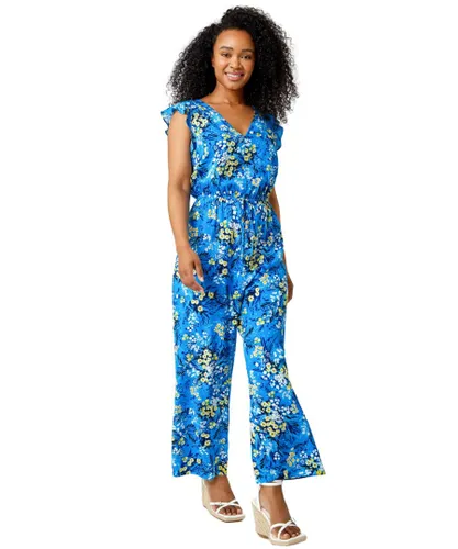 Roman Petite Womens Floral Print Frill Jumpsuit - Blue Viscose