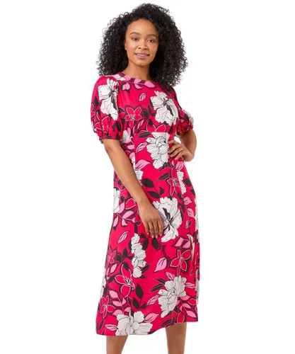 Roman Petite Womens Floral Print Puff Sleeve Midi Dress - Pink