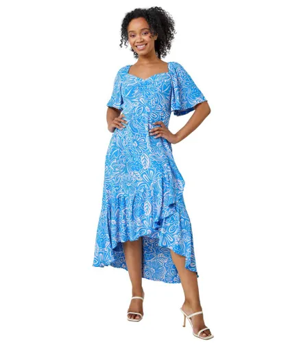 Roman Petite Womens Floral Print Ruched Midi Dress - Blue