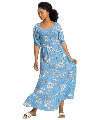 Roman Petite Womens Floral Print Shirred Bodice Maxi Dress - Blue