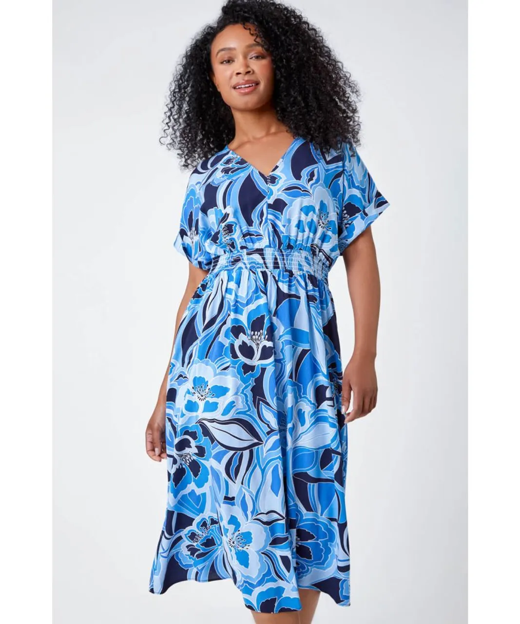 Roman Petite Womens Floral Print Stretch Dress - Blue