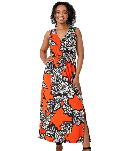 Roman Petite Womens Floral Print Stretch Maxi Dress - Orange