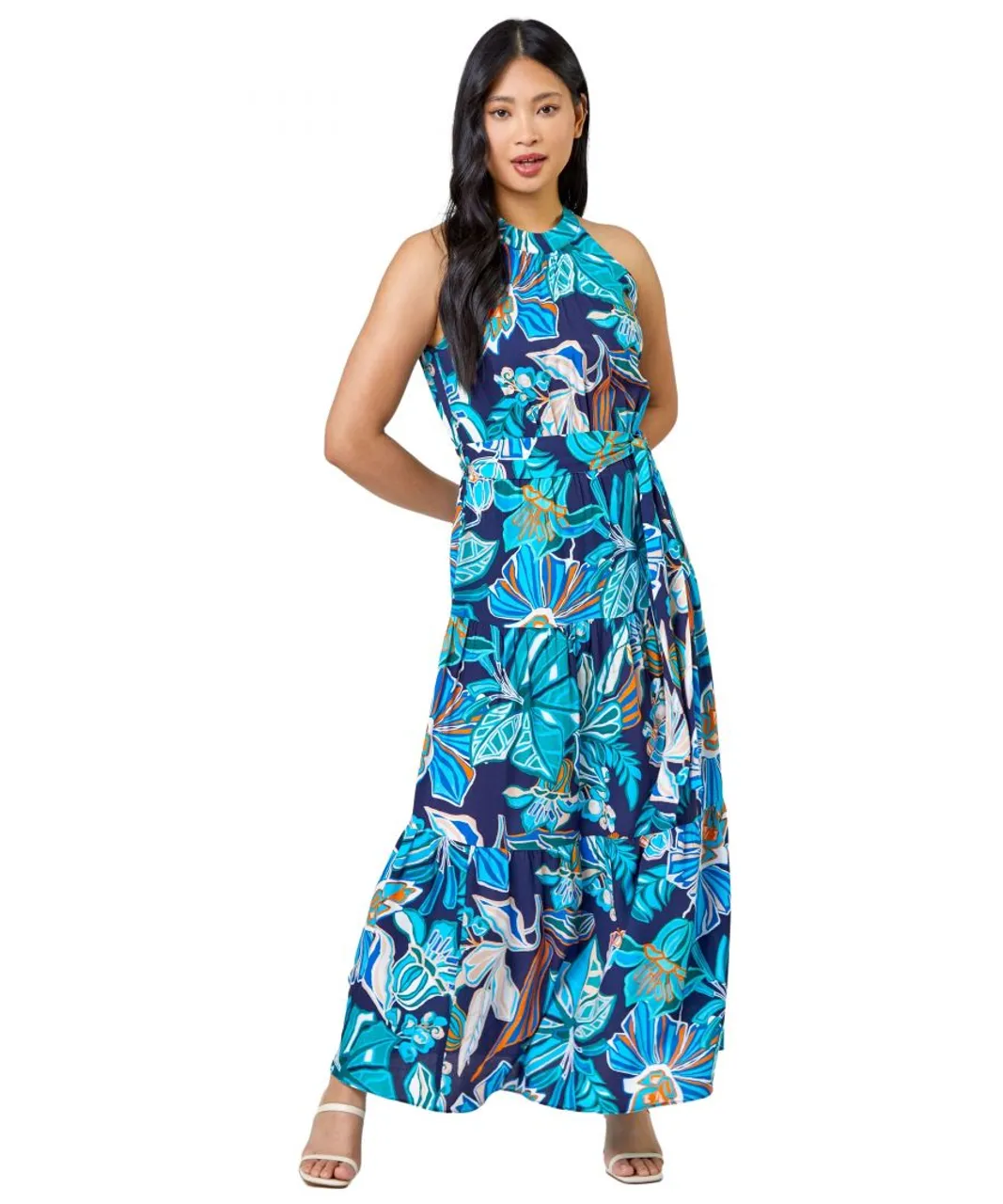Roman Petite Womens Floral Print Tiered Dress - Blue