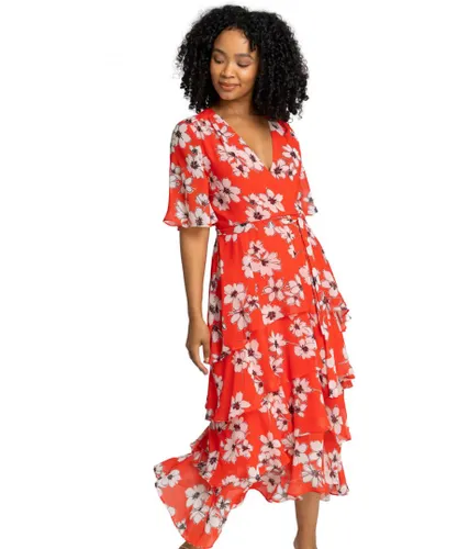 Roman Petite Womens Floral Print Tiered Frill Dress - Red