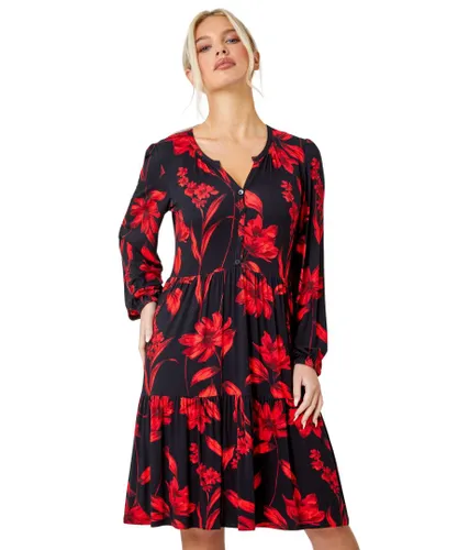 Roman Petite Womens Floral Print Tiered Stretch Dress - Red