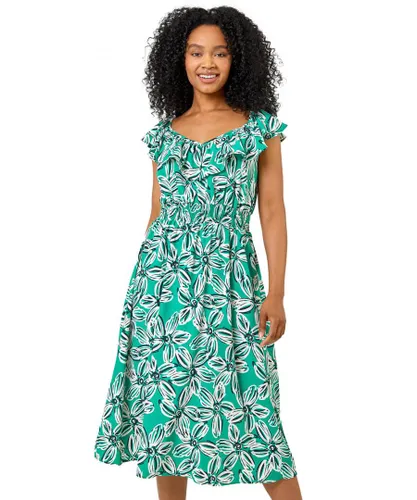 Roman Petite Womens Floral Shirred Waist Dress - Green