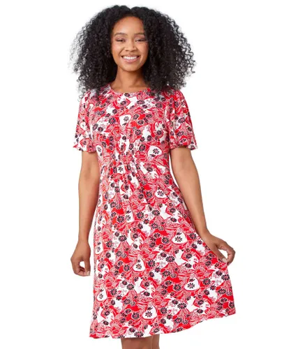 Roman Petite Womens Floral Stretch Tea Dress - Red