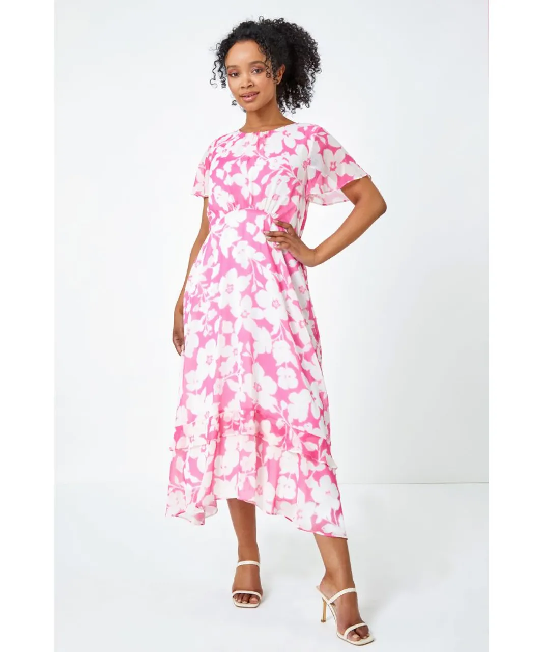 Roman Petite Womens Frill Hem Floral Midi Dress - Pink