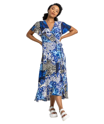 Roman Petite Womens Geo Floral Frill Wrap Dress - Blue