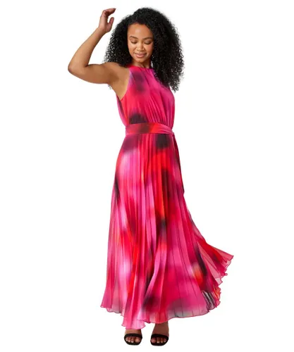 Roman Petite Womens Halterneck Pleated Maxi Dress - Pink