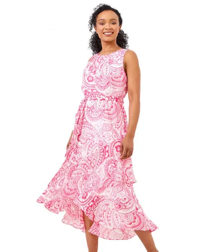 Roman Petite Womens Paisley Print Dipped Frill Hem Dress - Pink