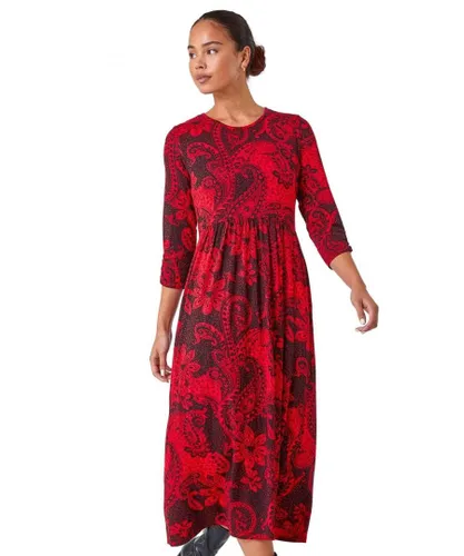 Roman Petite Womens Paisley Print Midi Stretch Dress - Red
